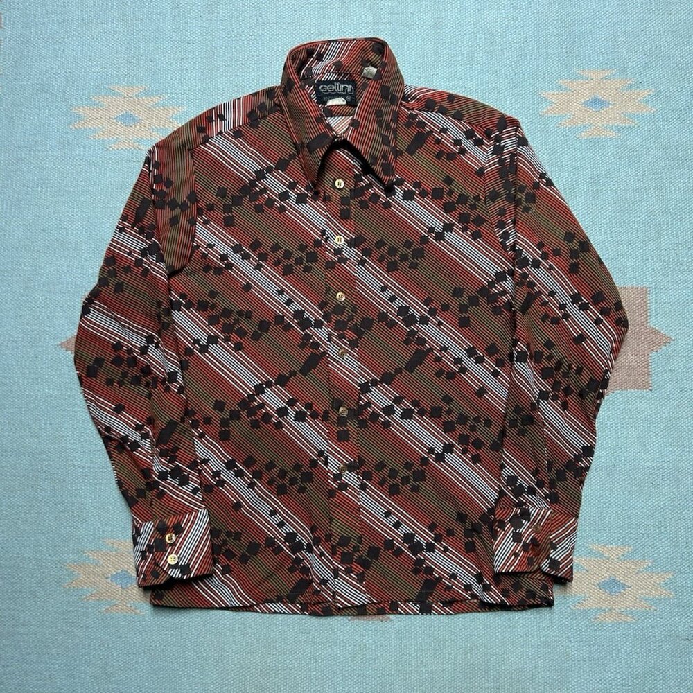 Vintage 70s long sleeve button shirt polyester dagger collar abstract mod medium
